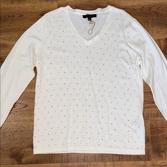 TOMMY HILFIGER White V-Neck Sweater with Stud Accents - Picture 2 of 6